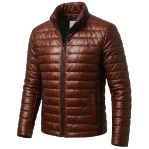Men's Brown Quilted Leather Puffer Jacket Front