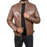 Men’s Brown Retro Style Zipped Real Leather Biker Jacket