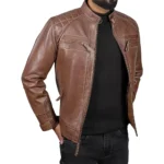 Men’s Brown Retro Style Zipped Real Leather Biker Jacket Front