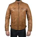 Men’s Camel Retro Style Zipped Real Leather Biker Jacket