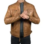 Men’s Camel Retro Style Zipped Real Leather Biker Jacket Sale