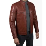Men’s Cognac Lambskin Leather Cafe Racer Jacket Side
