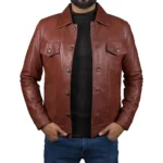 Men's Cognac Lambskin Leather Trucker Jacket