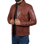 Men's Cognac Lambskin Leather Trucker Jacket Front