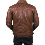 Men’s Cognac Retro Style Zipped Real Leather Biker Jacket Back