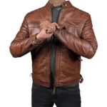 Men’s Cognac Retro Style Zipped Real Leather Biker Jacket Front