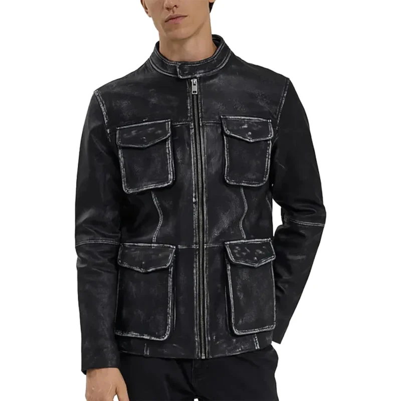 Men's Distressed Black Genuine Leather Jacket For Sale