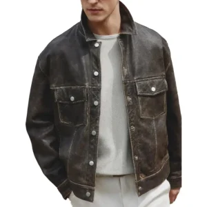Men's Distressed Brown Leather Trucker Jacket