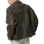 Men's Distressed Brown Leather Trucker Jacket Back Men's Distressed Brown Leather Trucker Jacket Back