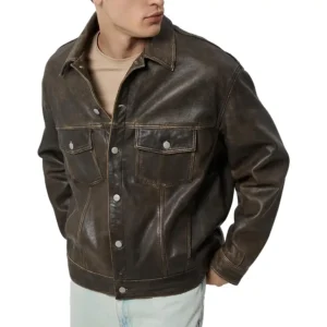 Men's Distressed Brown Leather Trucker Jacket Front