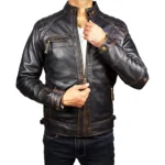 Men’s Distressed Brown Retro Style Zipped Real Leather Biker Jacket Front