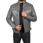 Men’s Grey Retro Style Zipped Real Leather Biker Jacket