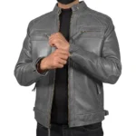 Men’s Grey Retro Style Zipped Real Leather Biker Jacket Front