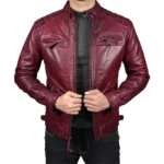Men’s Maroon Retro Style Zipped Real Leather Biker Jacket