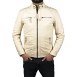 Men’s Offwhite Retro Style Zipped Real Leather Biker Jacket