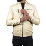 Men’s Offwhite Retro Style Zipped Real Leather Biker Jacket Sale