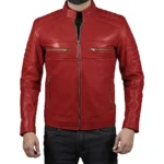 Men’s Red Lambskin Leather Cafe Racer Jacket Front