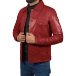 Men's Red Lambskin Leather Trucker Jacket For Sale