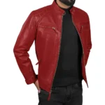 Men’s Red Retro Style Zipped Real Leather Biker Jacket Sale