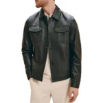 Men's Shirt Style Collar Green Lambskin Leather Jacket