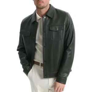 Men's Shirt Style Collar Green Lambskin Leather Jacket Front