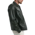 Men's Shirt Style Collar Green Lambskin Leather Jacket Side
