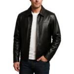 Polo Collar Black Real Lambskin Leather Jacket