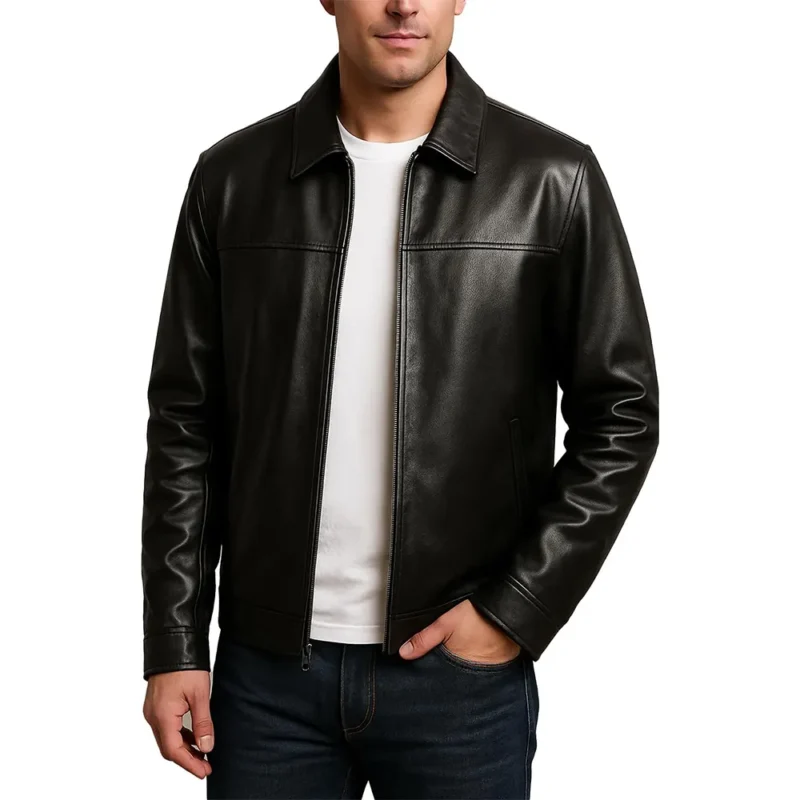 Polo Collar Black Real Lambskin Leather Jacket
