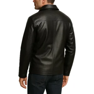 Polo Collar Black Real Lambskin Leather Jacket Back