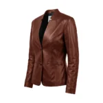 Sherwo Women's Genuine Leather Cognac Blazer For Sale