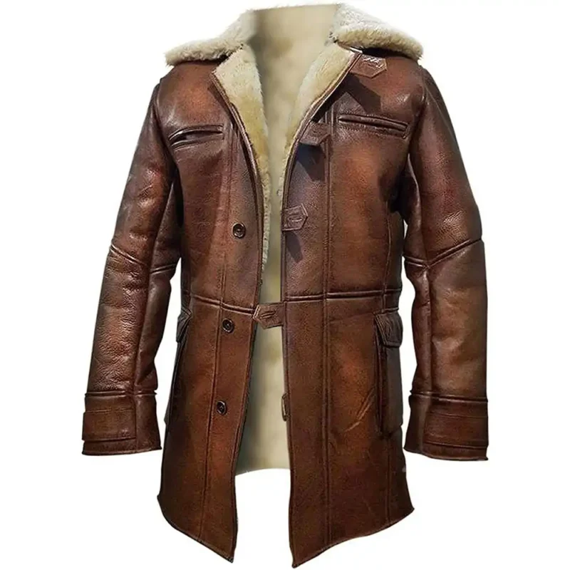 Tom Hardy Bane Dark Knight Rises Brown Shearling Leather Coat