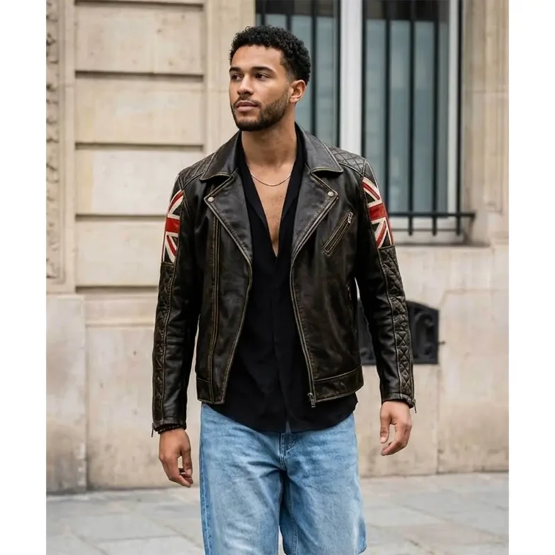 UK Flag Biker Vintage Brown Leather Jacket