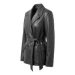 Women Merina Double Breasted Black Leather Blazer For Sale