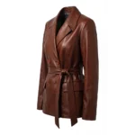 Women Merina Double Breasted Cognac Leather Blazer For Sale