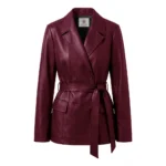 Women Merina Double Breasted Genuine Leather Maroon Blazer