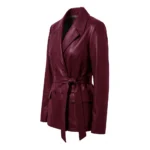 Women Merina Double Breasted Genuine Leather Maroon Blazer For Sale