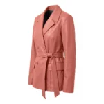 Women Merina Double Breasted Genuine Leather Pink Blazer For Sale