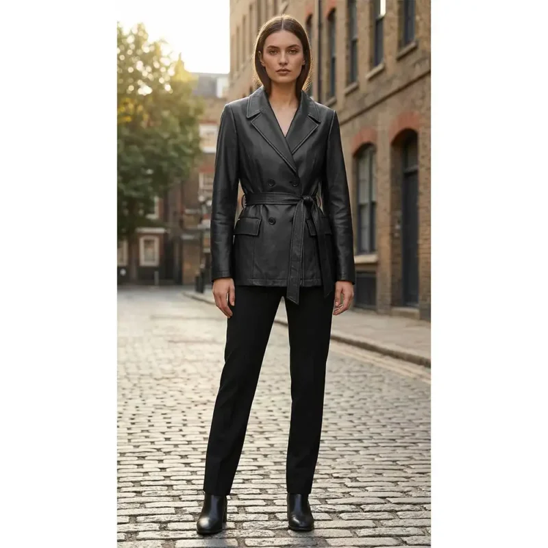 Women Merina Double Breasted Leather Blazer