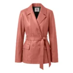 Women Merina Double Breasted Pink Leather Blazer