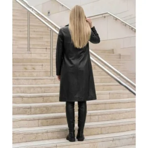 Women's Black Real Leather Long Coat Back