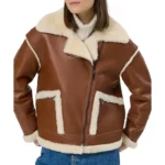 Women’s Brown Cropped Aviator Style Leather Jacket Front
