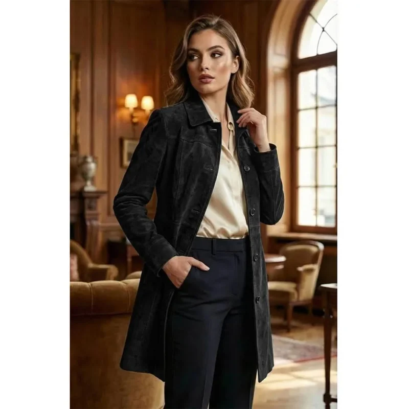 Women's Kandis Suede Black Coat Full