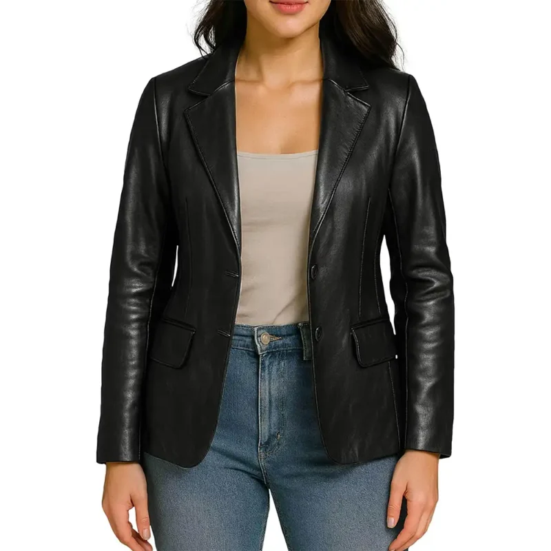 Women's Two Button Black Real Leather Blazer Jacket