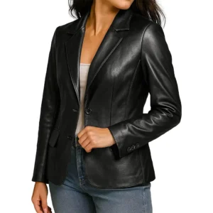 Women's Two Button Real Leather Blazer Jacket