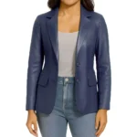 Women's Two Button Real Leather Blue Blazer Jacket