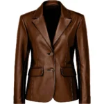 Women's Two Button Real Leather Brown Blazer Jacket For Sale