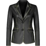 Women's Two Button Real Leather Distressed Black Blazer Jacket For sale