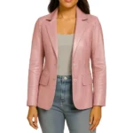 Women's Two Button Real Leather Light Pink Blazer Jacket