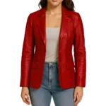 Women's Two Button Real Leather Red Blazer Jacket