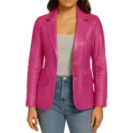 Women's Two Button Real Leather pink Blazer Jacket